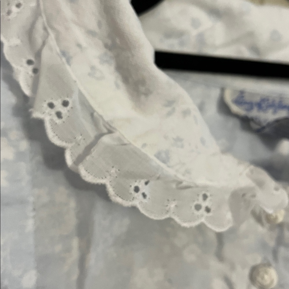 Lanz of Salzburg Cotton Flannel Nightgown Eyelet Trim Blue Floral Vintage M - Picture 6 of 14
